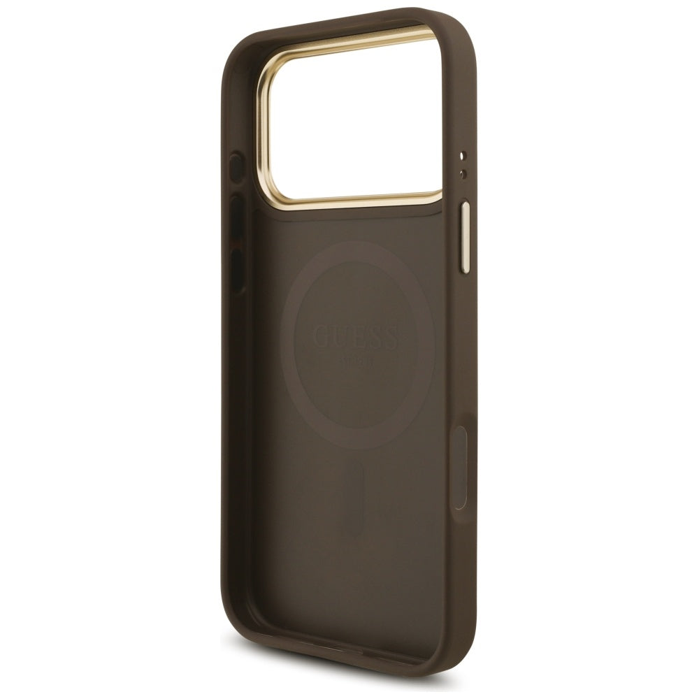 Funda MagSafe para Apple iPhone 17 Pro Max, Guess, Logo Triángulo 4G con Correa Grande, Marrón