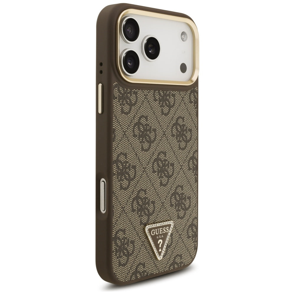 Funda MagSafe para Apple iPhone 17 Pro Max, Guess, Logo Triángulo 4G con Correa Grande, Marrón