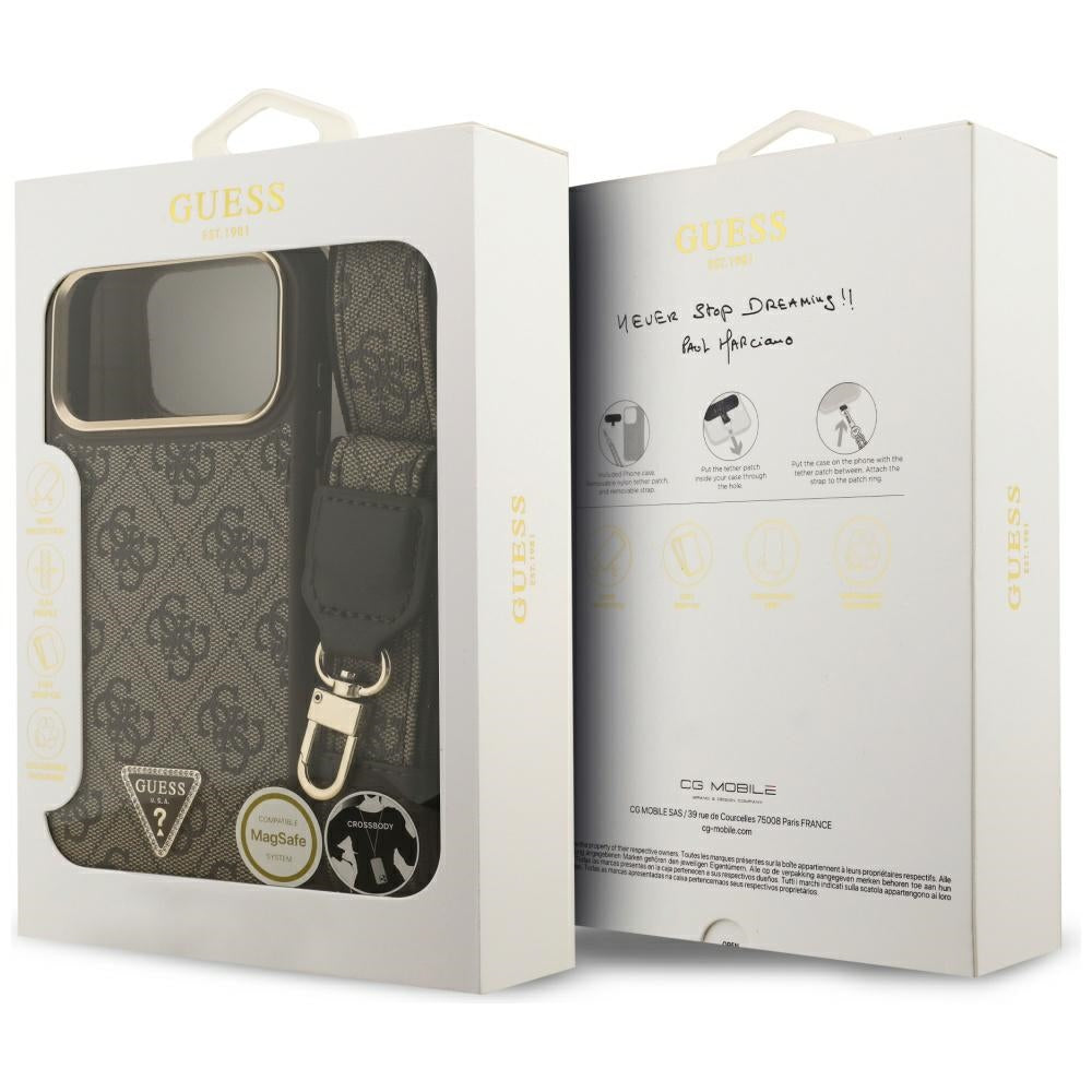 Funda MagSafe para Apple iPhone 17 Pro Max, Guess, Logo Triángulo 4G con Correa Grande, Marrón