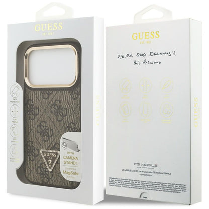 Funda MagSafe para Apple iPhone 17 Pro Max, Guess, Logo Triángulo 4G con Soporte para Cámara, Marrón Dorado
