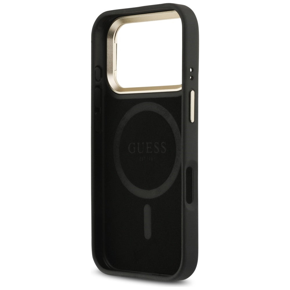 Funda MagSafe para Apple iPhone 17 Pro Max, Guess, Logo Triángulo 4G con Soporte para Cámara, Negra Dorada.