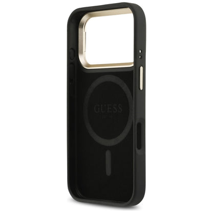 Funda MagSafe para Apple iPhone 17 Pro Max, Guess, Logo Triángulo 4G con Soporte para Cámara, Negra Dorada.