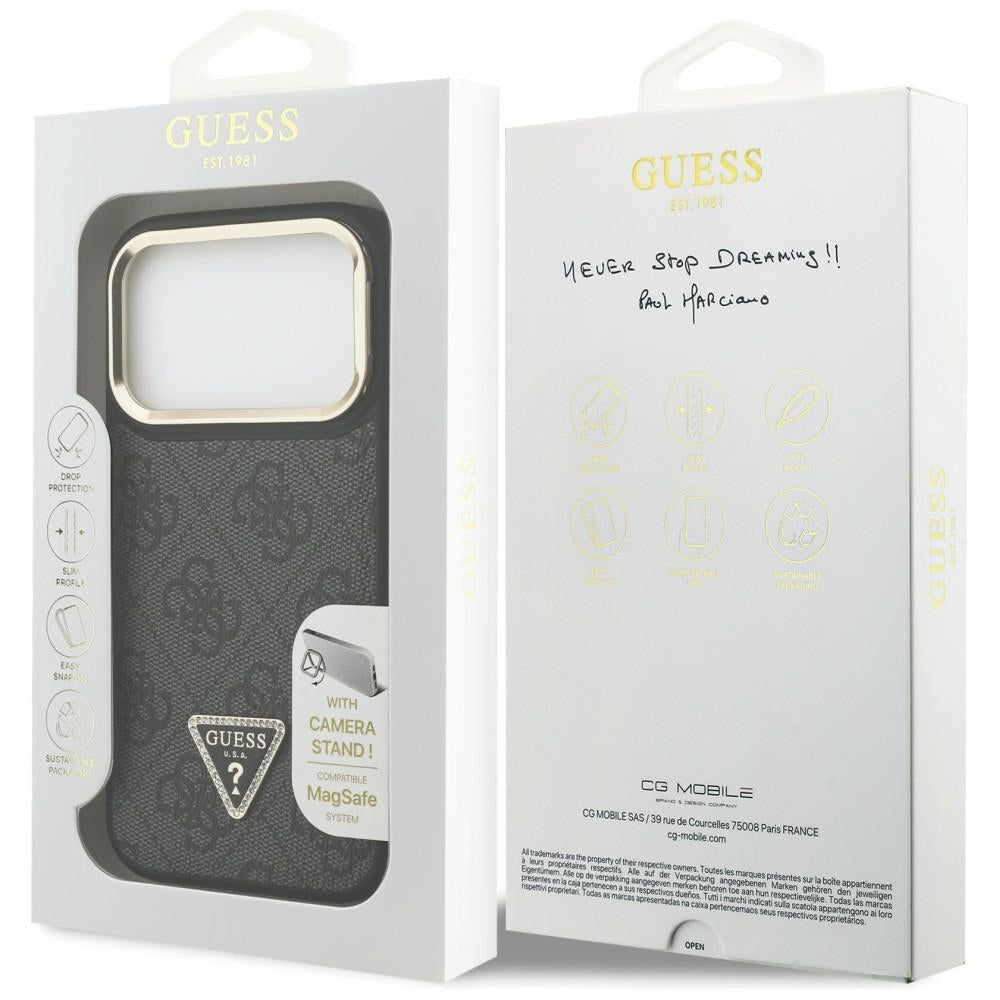 Funda MagSafe para Apple iPhone 17 Pro Max, Guess, Logo Triángulo 4G con Soporte para Cámara, Negra Dorada.
