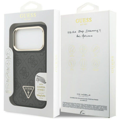 Funda MagSafe para Apple iPhone 17 Pro Max, Guess, Logo Triángulo 4G con Soporte para Cámara, Negra Dorada.