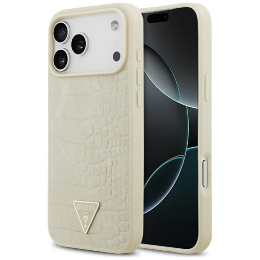 Funda MagSafe para Apple iPhone 17 Pro Max, Guess, Croco Triangle Logo, Dorada