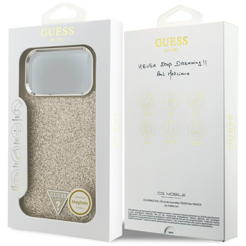 Funda MagSafe para Apple iPhone 17 Pro Max, Guess, Glitter Triangle Logo, Dorada