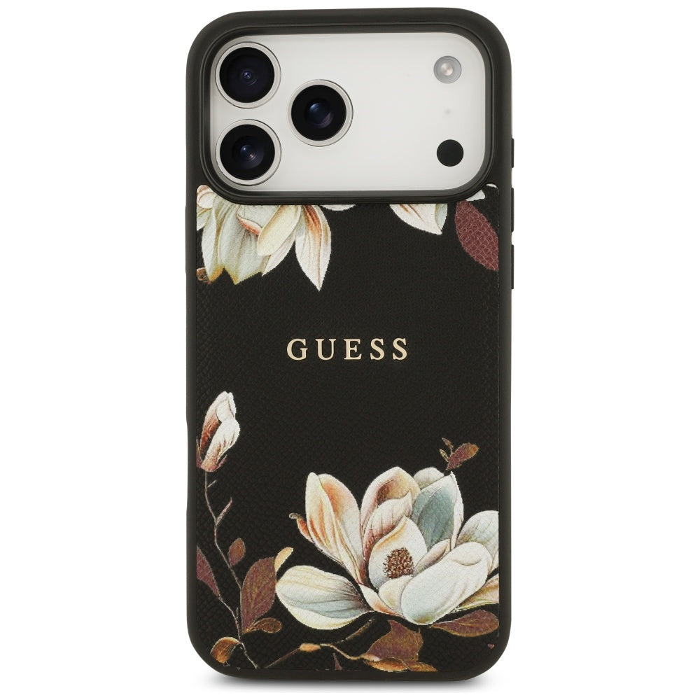 Funda MagSafe para Apple iPhone 17 Pro Max, Guess, Grained Flowers, Negra