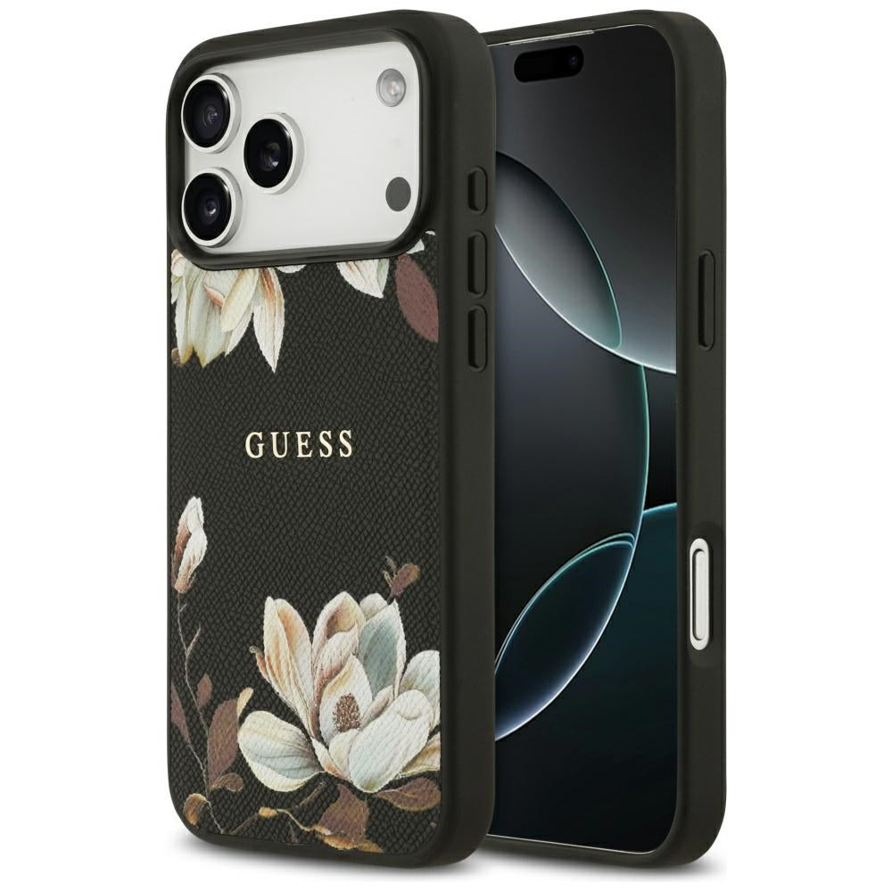Funda MagSafe para Apple iPhone 17 Pro Max, Guess, Grained Flowers, Negra
