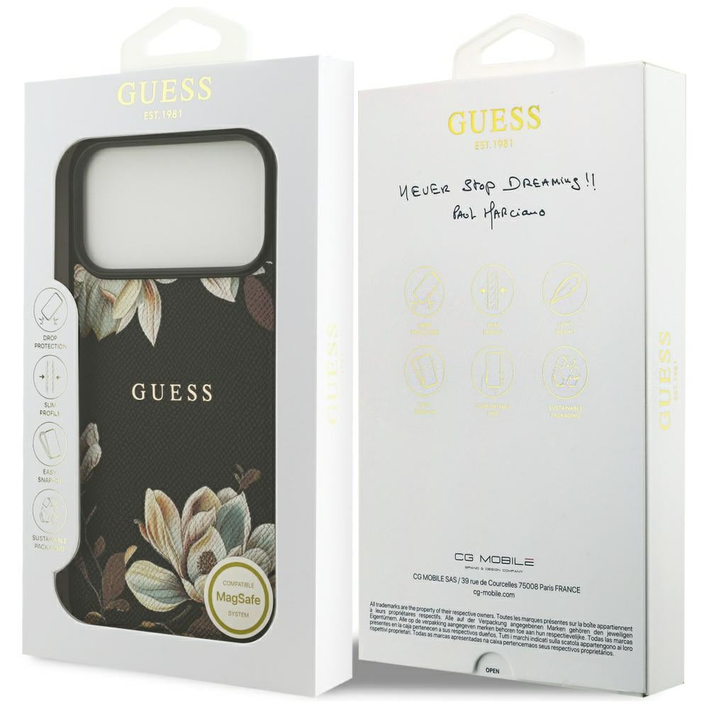 Funda MagSafe para Apple iPhone 17 Pro Max, Guess, Grained Flowers, Negra