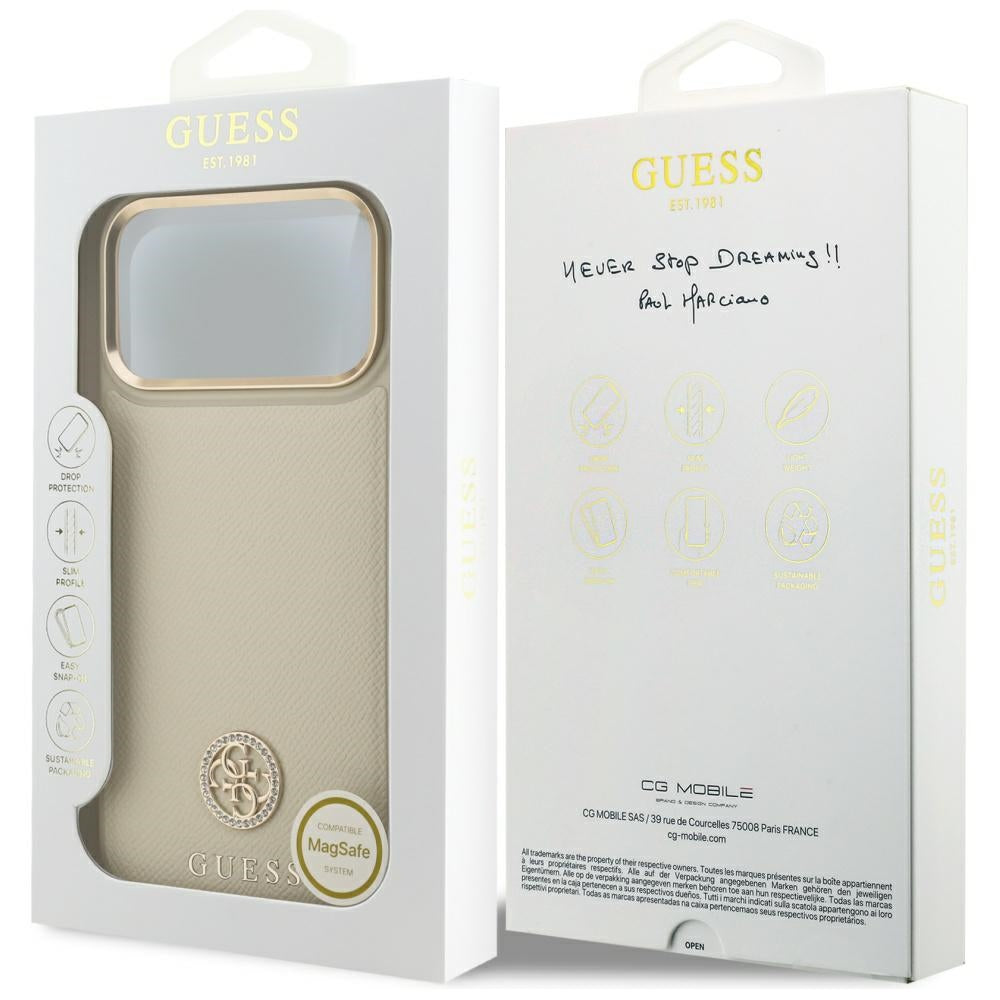 Funda MagSafe para Apple iPhone 17 Pro Max, Guess, Grained Strass Logo, Beige