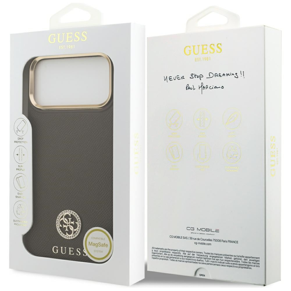 Funda MagSafe para Apple iPhone 17 Pro Max, Guess, Grained Strass Logo, Marrón