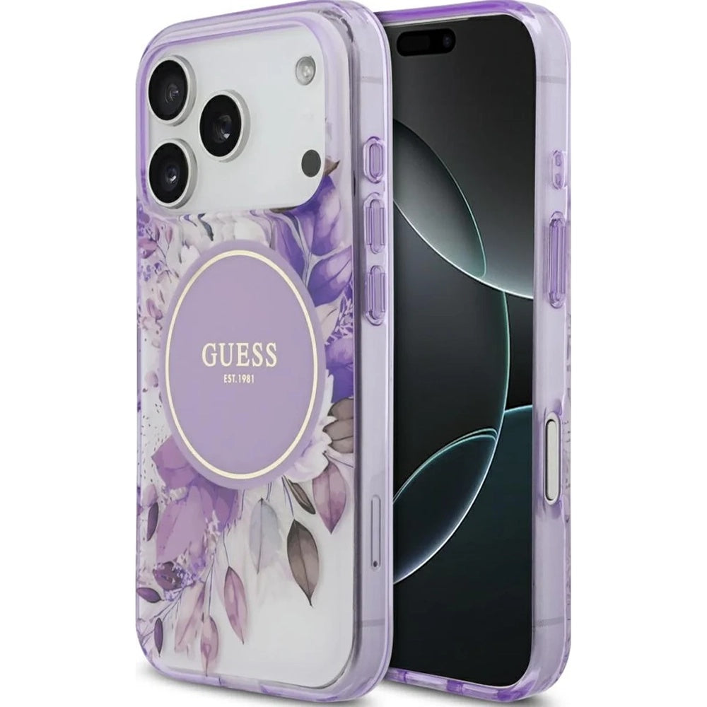 Funda MagSafe para Apple iPhone 17 Pro Max, Guess, IML Flower & Tonal Circle, Morado