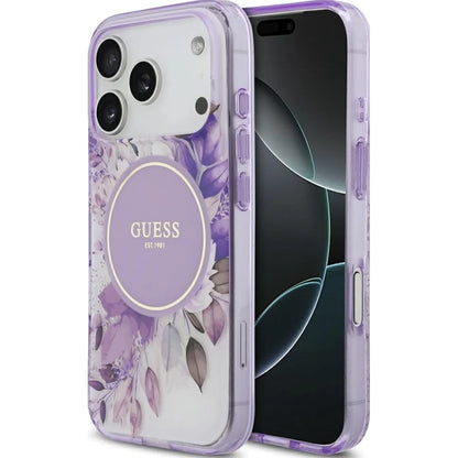 Funda MagSafe para Apple iPhone 17 Pro Max, Guess, IML Flower & Tonal Circle, Morado