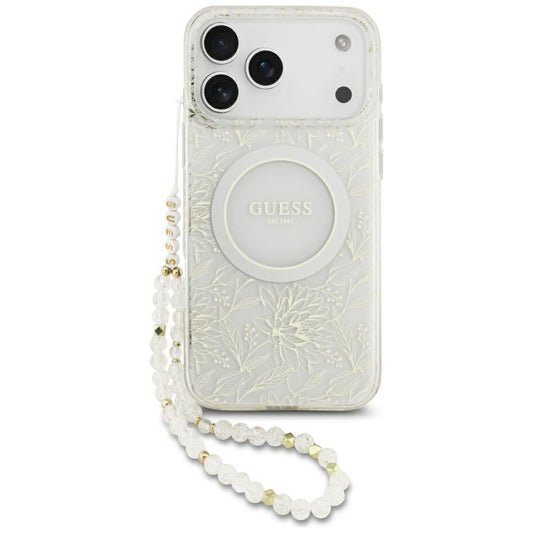 Funda MagSafe para Apple iPhone 17 Pro Max, Guess, IML Flowers Allover Electroplated with Pearl Strap, Blanca