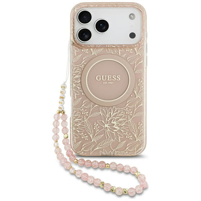 Funda MagSafe para Apple iPhone 17 Pro Max, Guess, IML Flowers Allover Electroplated with Pearl Strap, Rosa