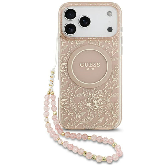 Funda MagSafe para Apple iPhone 17 Pro Max, Guess, IML Flowers Allover Electroplated with Pearl Strap, Rosa