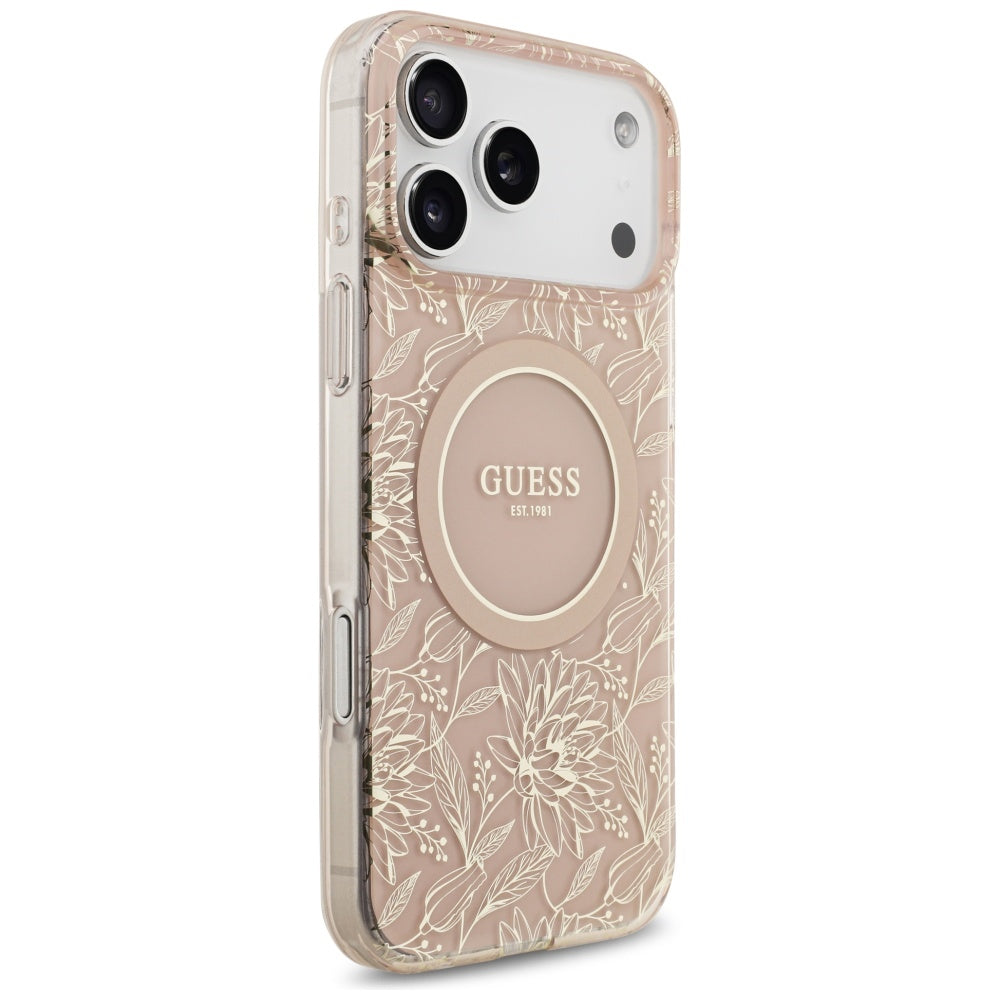 Funda MagSafe para Apple iPhone 17 Pro Max, Guess, IML Flowers Allover Electroplated with Pearl Strap, Rosa