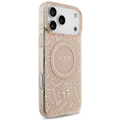 Funda MagSafe para Apple iPhone 17 Pro Max, Guess, IML Flowers Allover Electroplated with Pearl Strap, Rosa