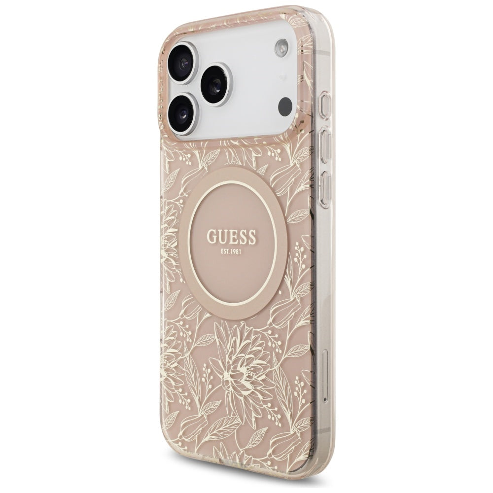 Funda MagSafe para Apple iPhone 17 Pro Max, Guess, IML Flowers Allover Electroplated with Pearl Strap, Rosa
