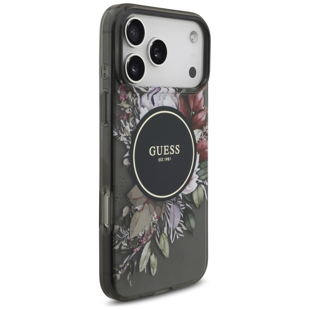 Funda MagSafe para Apple iPhone 17 Pro Max, Guess, IML Flowers with Pearl Strap, Negra