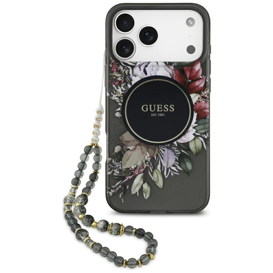 Funda MagSafe para Apple iPhone 17 Pro Max, Guess, IML Flowers with Pearl Strap, Negra