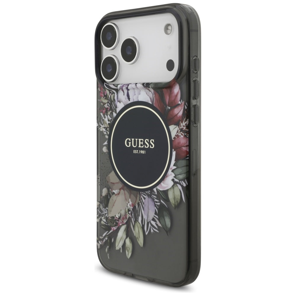 Funda MagSafe para Apple iPhone 17 Pro Max, Guess, IML Flowers with Pearl Strap, Negra