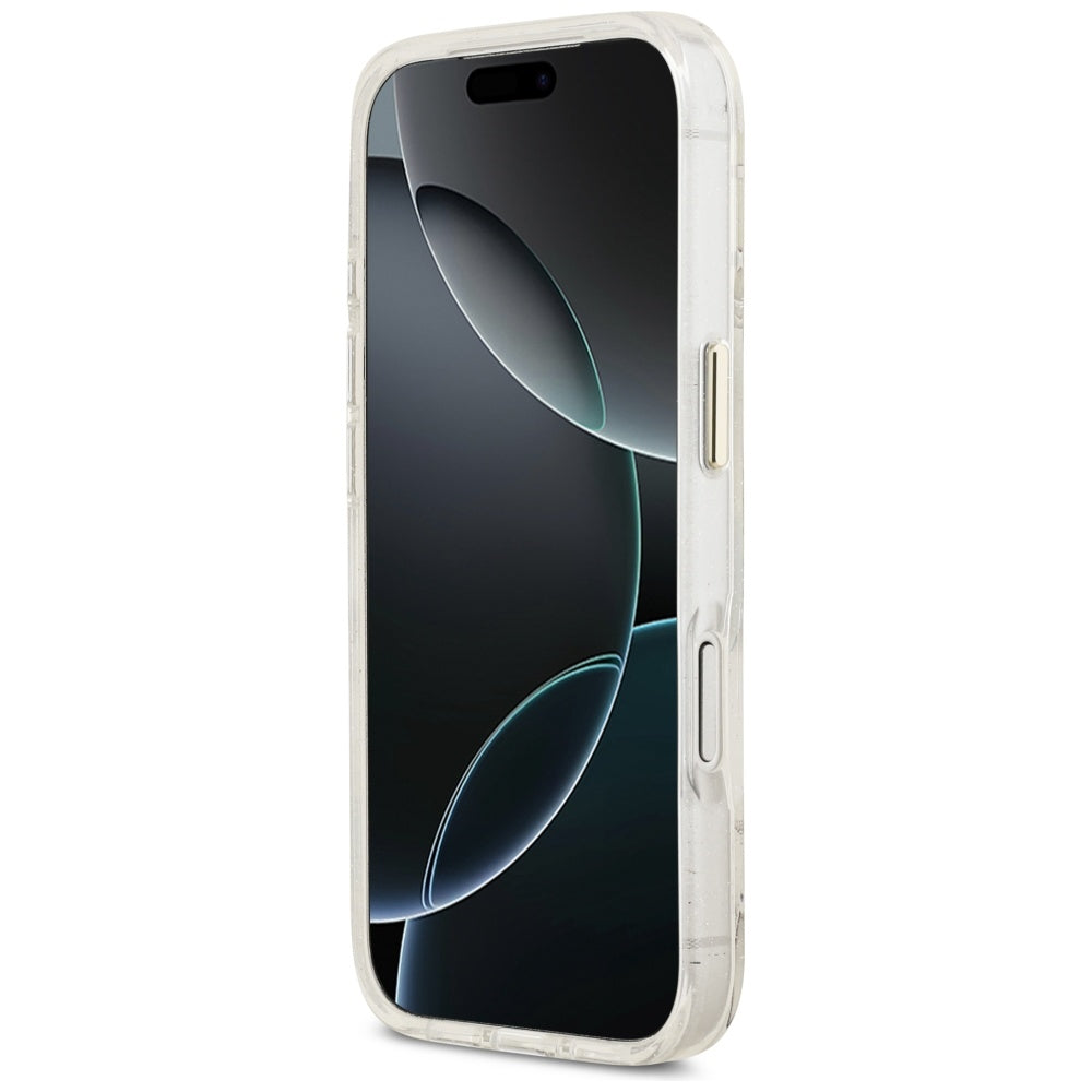 Funda MagSafe para Apple iPhone 17 Pro Max, Guess, IML Metal Glitter Flowers Triangle, Blanca