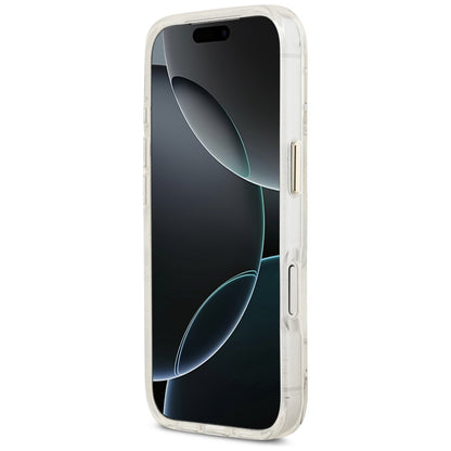 Funda MagSafe para Apple iPhone 17 Pro Max, Guess, IML Metal Glitter Flowers Triangle, Blanca