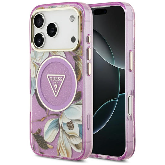 Funda MagSafe para Apple iPhone 17 Pro Max, Guess, IML Metal Glitter Flowers Triangle, Morado