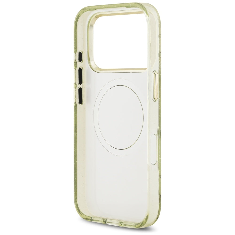 Funda MagSafe para Apple iPhone 17 Pro Max, Guess, IML Metal Glitter Flowers Triangle, Verde