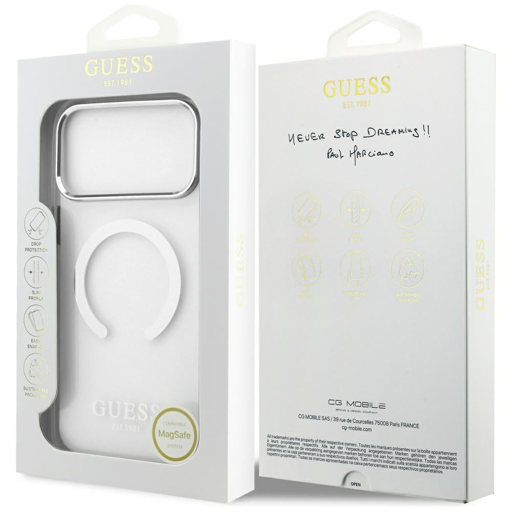 Funda MagSafe para Apple iPhone 17 Pro Max, Guess, Metal Outline, Plateada