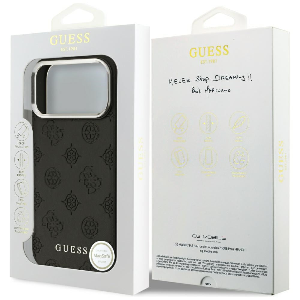 Funda MagSafe para Apple iPhone 17 Pro Max, Guess, Peony Hot Stamp Script, Negra