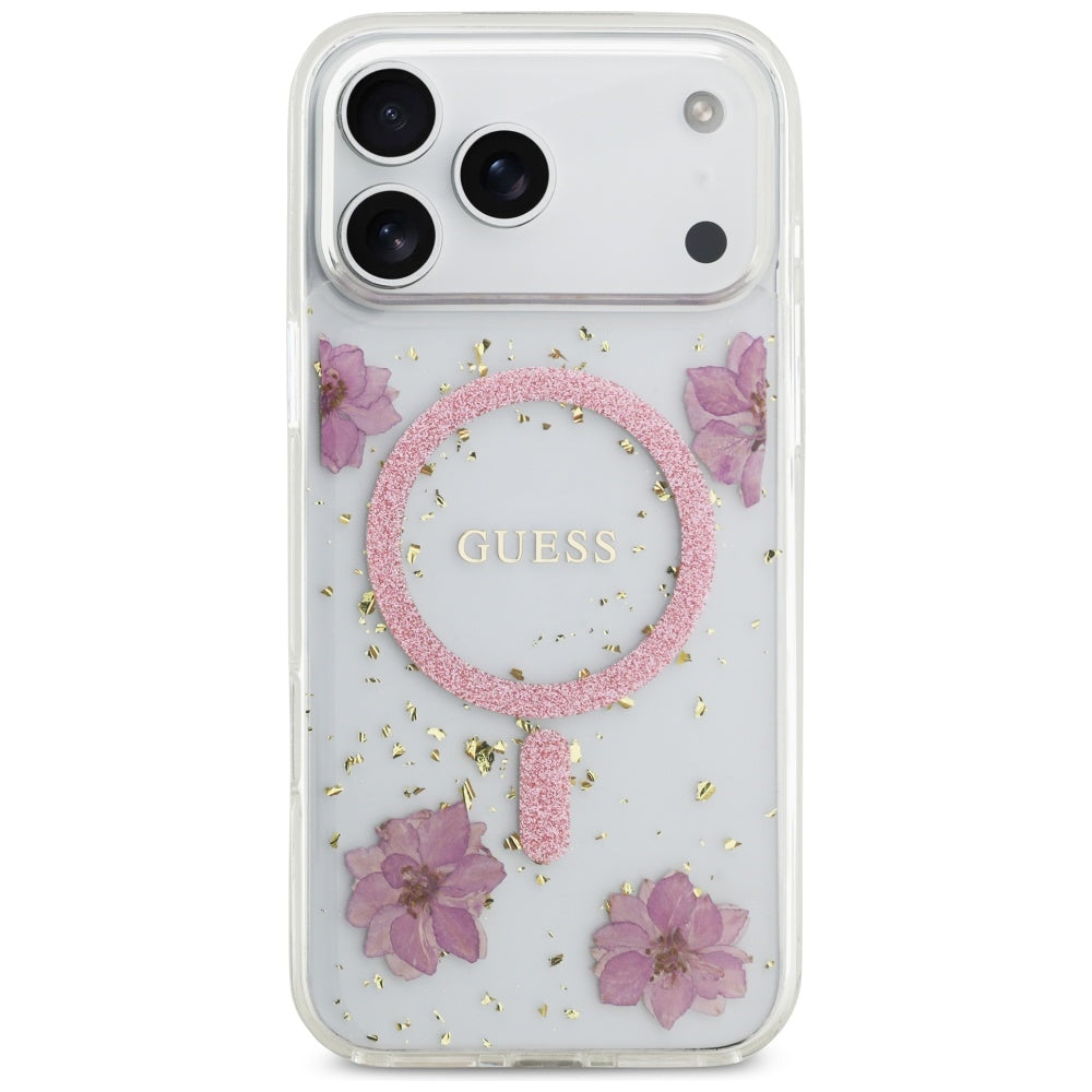 Funda MagSafe para Apple iPhone 17 Pro Max, Guess, Flores de Resina y Purpurina, Rosa