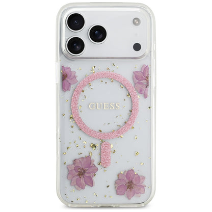 Funda MagSafe para Apple iPhone 17 Pro Max, Guess, Flores de Resina y Purpurina, Rosa