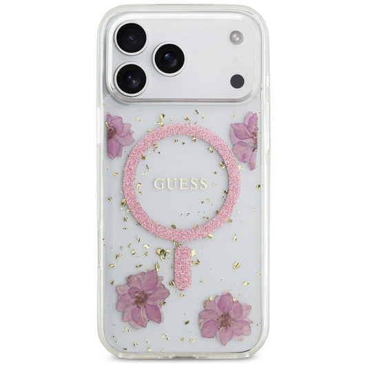 Funda MagSafe para Apple iPhone 17 Pro Max, Guess, Flores de Resina y Purpurina, Rosa