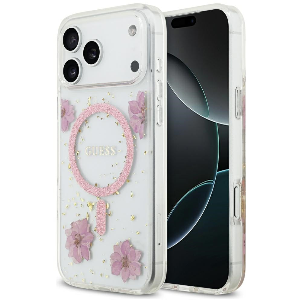 Funda MagSafe para Apple iPhone 17 Pro Max, Guess, Flores de Resina y Purpurina, Rosa