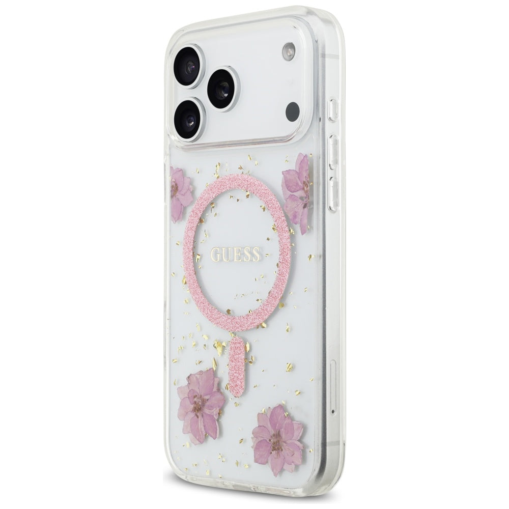 Funda MagSafe para Apple iPhone 17 Pro Max, Guess, Flores de Resina y Purpurina, Rosa