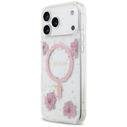 Funda MagSafe para Apple iPhone 17 Pro Max, Guess, Flores de Resina y Purpurina, Rosa