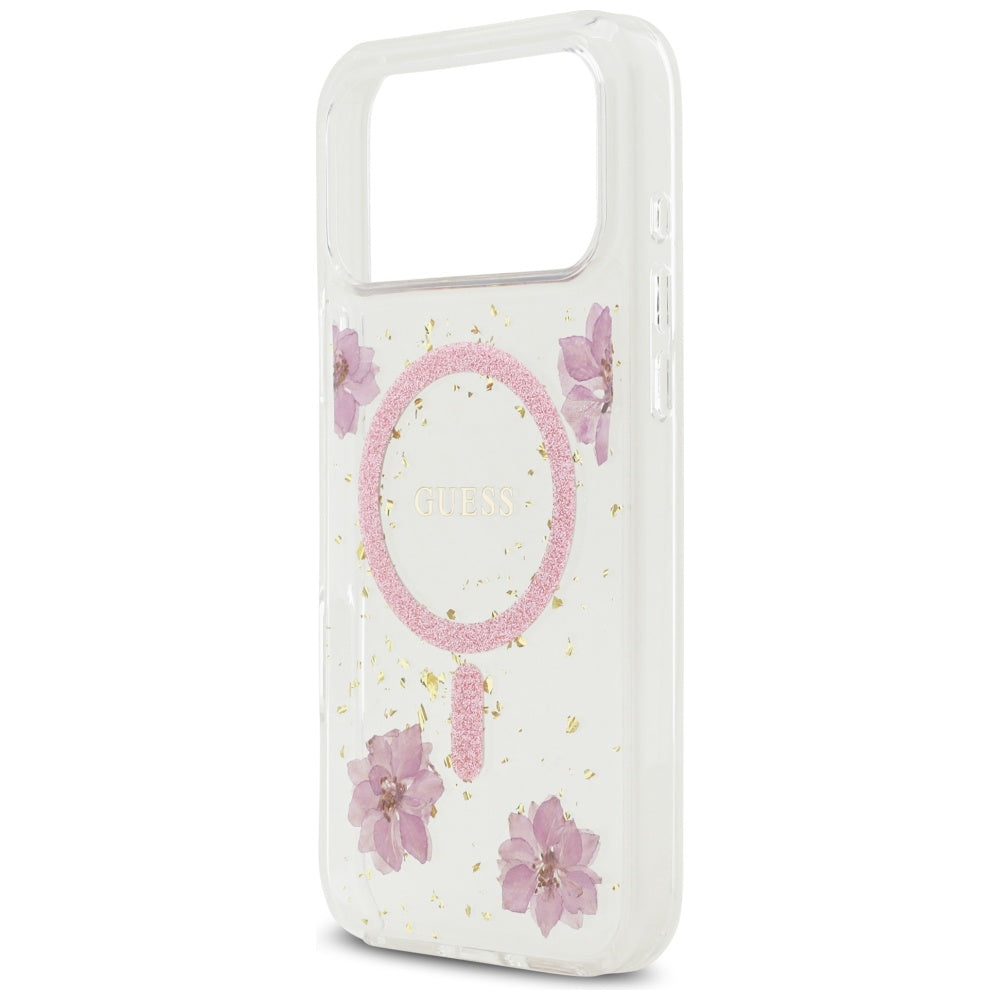 Funda MagSafe para Apple iPhone 17 Pro Max, Guess, Flores de Resina y Purpurina, Rosa