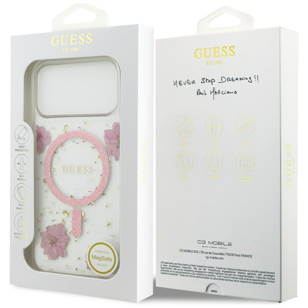 Funda MagSafe para Apple iPhone 17 Pro Max, Guess, Flores de Resina y Purpurina, Rosa