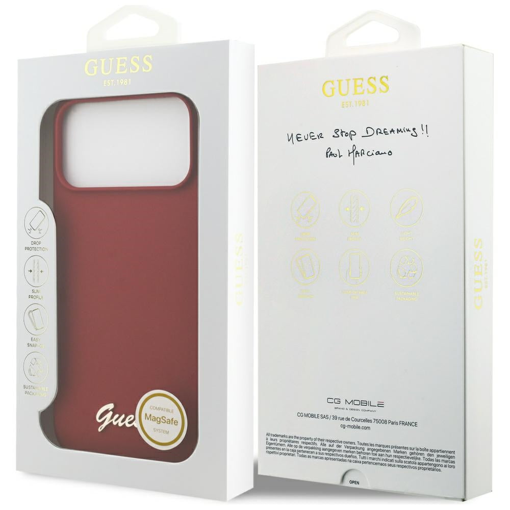 Funda MagSafe para Apple iPhone 17 Pro Max, Guess, Script Metal Logo, Roja