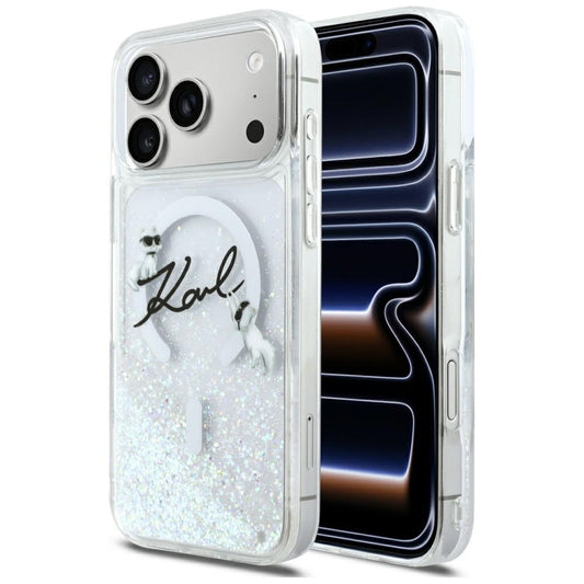 Funda MagSafe para Apple iPhone 17 Pro Max, Karl Lagerfeld, Glitter Karl Script Logo, Transparente