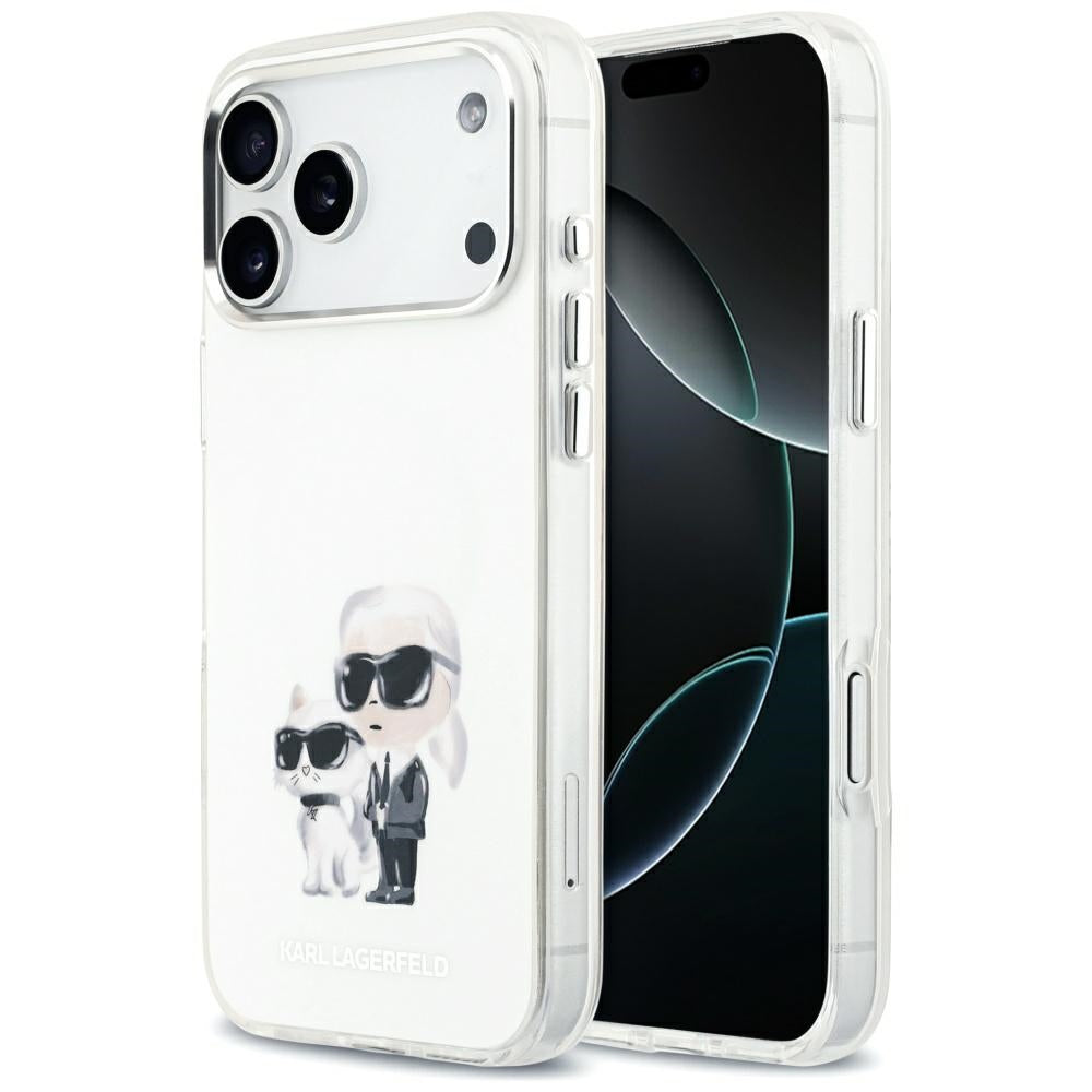 Funda MagSafe para Apple iPhone 17 Pro Max, Karl Lagerfeld, IML Aquarelle Logo Karl & Choupette, Blanca.
