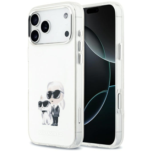 Funda MagSafe para Apple iPhone 17 Pro Max, Karl Lagerfeld, IML Aquarelle Logo Karl & Choupette, Blanca.