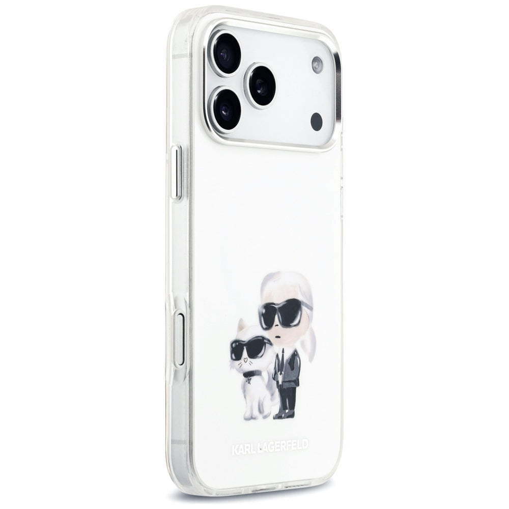 Funda MagSafe para Apple iPhone 17 Pro Max, Karl Lagerfeld, IML Aquarelle Logo Karl & Choupette, Blanca.