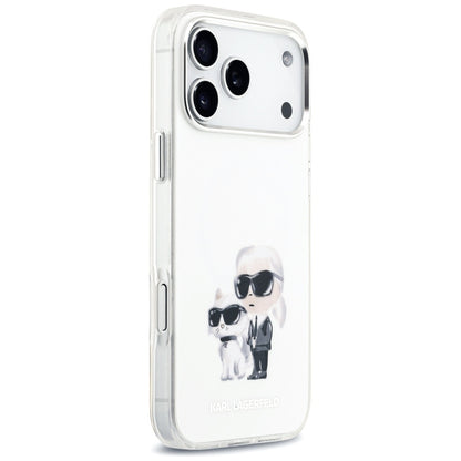 Funda MagSafe para Apple iPhone 17 Pro Max, Karl Lagerfeld, IML Aquarelle Logo Karl & Choupette, Blanca.
