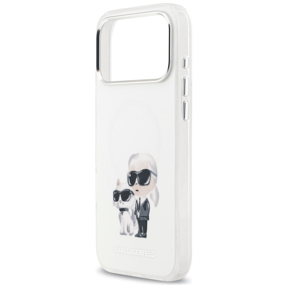 Funda MagSafe para Apple iPhone 17 Pro Max, Karl Lagerfeld, IML Aquarelle Logo Karl & Choupette, Blanca.