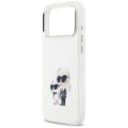 Funda MagSafe para Apple iPhone 17 Pro Max, Karl Lagerfeld, IML Aquarelle Logo Karl & Choupette, Blanca.