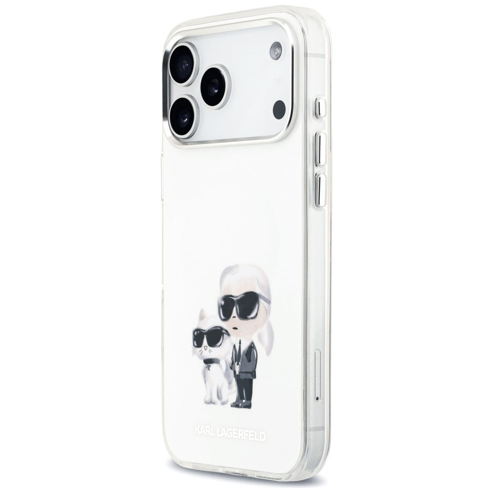 Funda MagSafe para Apple iPhone 17 Pro Max, Karl Lagerfeld, IML Aquarelle Logo Karl & Choupette, Blanca.