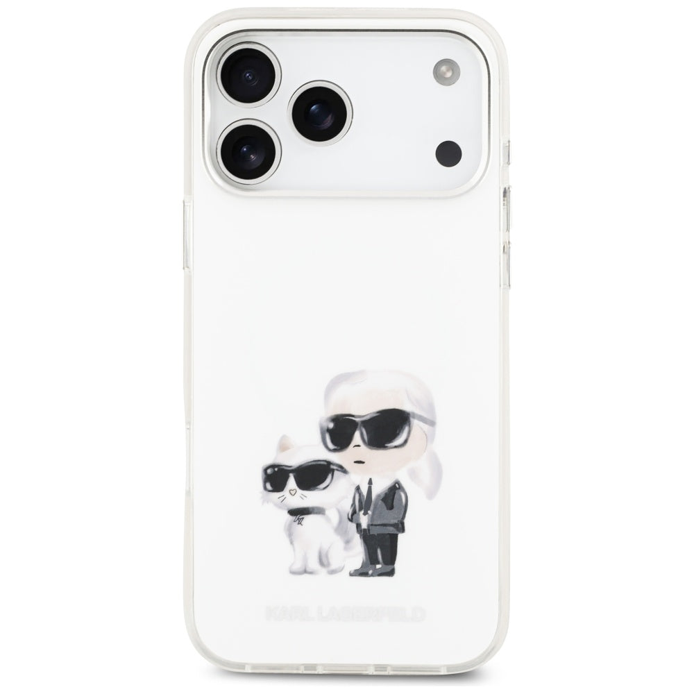 Funda MagSafe para Apple iPhone 17 Pro Max, Karl Lagerfeld, IML Aquarelle Logo Karl & Choupette, Blanca.